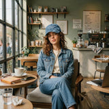 Woman sitting in a cozy cafe wearing a denim jacket and cap.